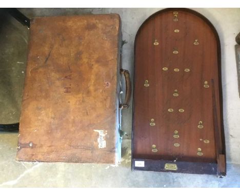 Vintage brown leather suitcase together with a bagatelle board (2)