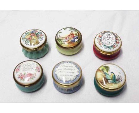 Six Bilston and Battersea enamel trinket boxes including A Token of Love, Happy Birthday and Happy Anniversary