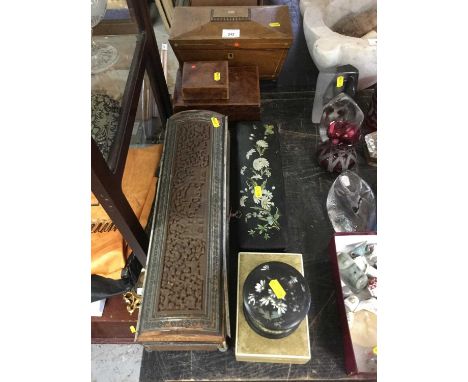 William IV rosewood sarcophagus form tea caddy, together with an Anglo Indian box, papier-mâché box and others