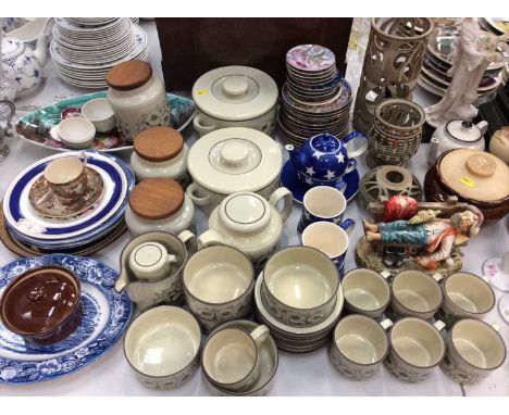 Collection of decorative china and other items to include mantel clock, Le Cruset style pan, oriental ceramics and other item