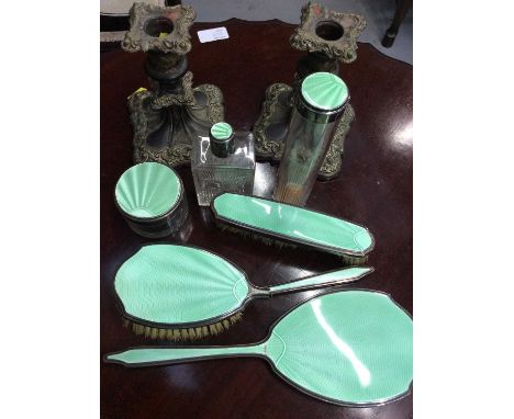 Silver and green enamel dressing table set and pair plated candlesticks