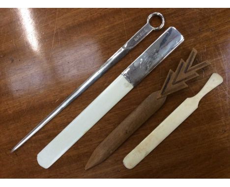 Silver meat skewer, silver and ivory page turner, bone page turner and wooden one (4)