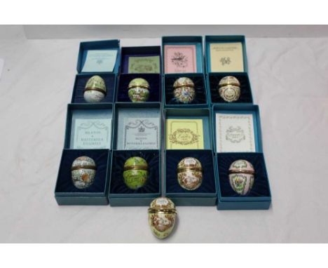 Eight boxed Bilston and Battersea enamel Easter eggs 1973-1980 and one other unboxed 1973