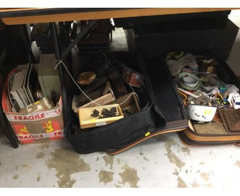 One box and two suitcases of metalware and tools, treen, toys and sundry items