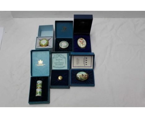 Four boxed Bilston and Battersea enamel boxes including To My Love, Shooting scene and thimble, plus two boxed Halcyon Days e