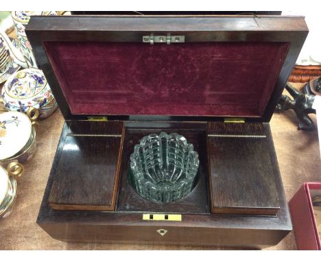19th century mahogany tea caddy with two compartments and glass mixing bowl 