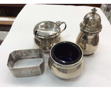 Silver three piece cruet set and silver napkin ring