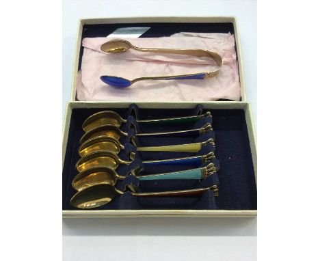 Set of six Danish sterling silver gilt enamelled coffee spoons, boxed, and pair David Anderson silver enamelled sugar tongs