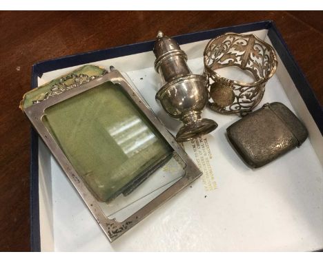 Silver photograph frame, silver napkin ring, pepperette  and Vesta case