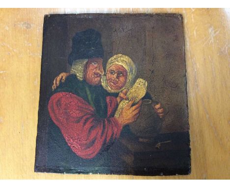 19th Century Dutch School Oil on panel- man reading and woman with water jug at a table 