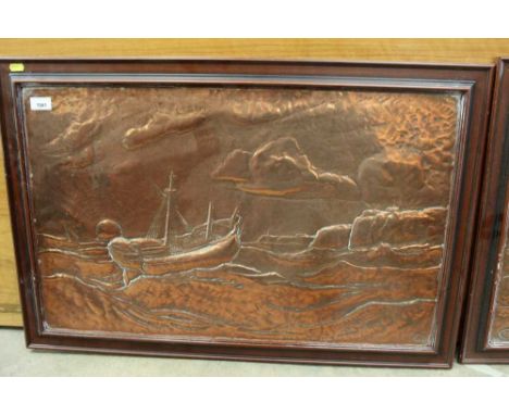 Rare pair of early 20th century Northern English Arts &amp; Crafts beaten copper plaques, landscape and seascape subjects, ea