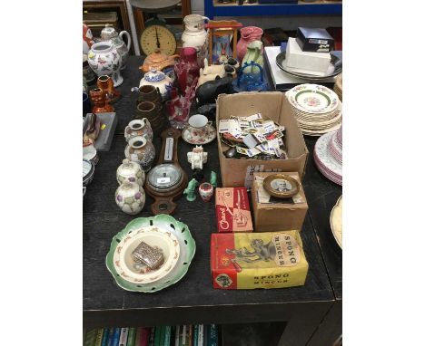 Victorian Cranberry glass, together with ceramics, tea cards, barometer and sundries