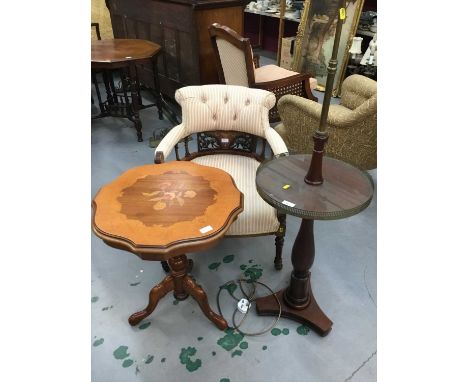 Edwardian brass and mahogany standard lamp, wine table and Edwardian corner chair