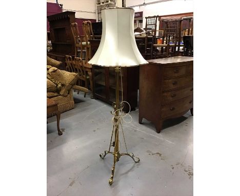 Edwardian brass standard lamp converted from oil lamp , with shade
