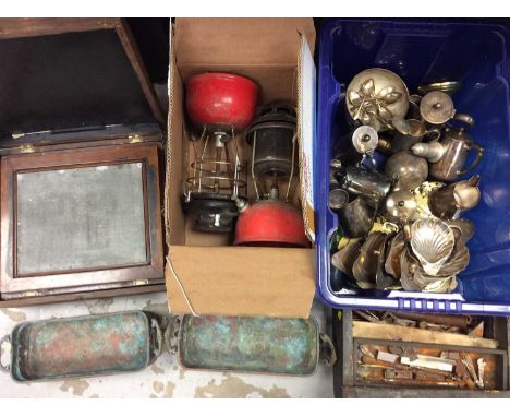 Quantity metal ware, plated items, hand tools and fittings, lamps and sundries