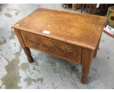 Hand carved light oak tripod table, ditto hall/consol table and ditto box stool by Vernon Hale who carved the church furnishi