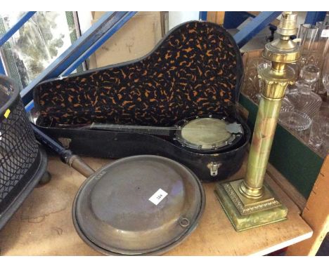 Green onyx table lamp, copper warming pan and a small banjo in case