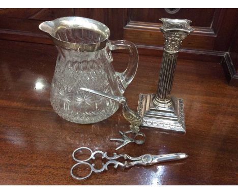 Silver mounted cut glass jug, good quality silver plated candlestick and two pairs of plated scissors