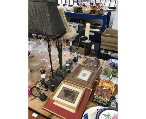 Two decorative table lamps, metal candle stand, a metal ceiling light and assorted decorative etchings and other pictures