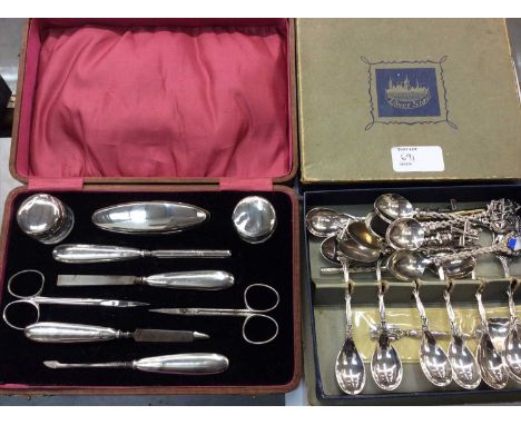 Dutch white metal teaspoons, other plated souvenir spoons and silver manicure set in fitted case