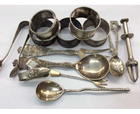 Five various silver napkin rings, silver and white metal flatware