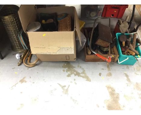 Vintage tools, umbrella stand with sticks and sundry items