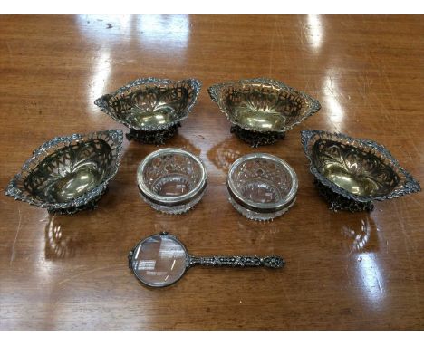 Set of four Victorian silver salts, two silver rimmed glass salts and marcasite lorgnettes