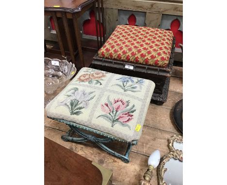 Victorian carved oak square footstool with tapestry top, together with another metal stool with tapestry top