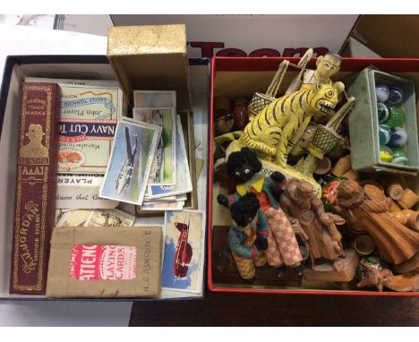 Old postcards, cigarette cards, portrait miniatures, carved wooden figures and sundry items