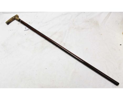 Late 19th/early 20th century Rosewood walking stick with gilt metal collar and Rhino Horn crutch handle, 77cm overall length