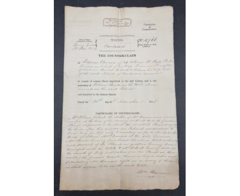 COMPENSATION FOR BARBADOS SLAVES:&nbsp;printed form with manuscript entries, dated 31st December 1835, counter-claim of one W