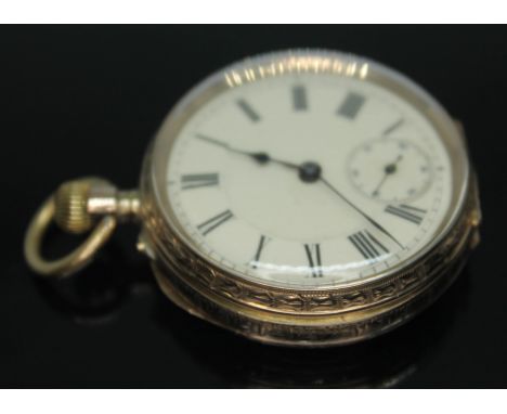 An early 20th century 14ct gold ladies pocket watch having white enamel dial with Roman numerals and seconds subsidiary dial,