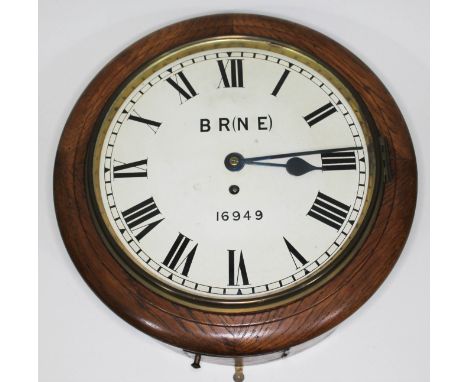 An oak cased British Rail North Eastern Region wall clock, 12" re-painted dial, marked 'BR(NE) - 16949', over 'John Walker 1 