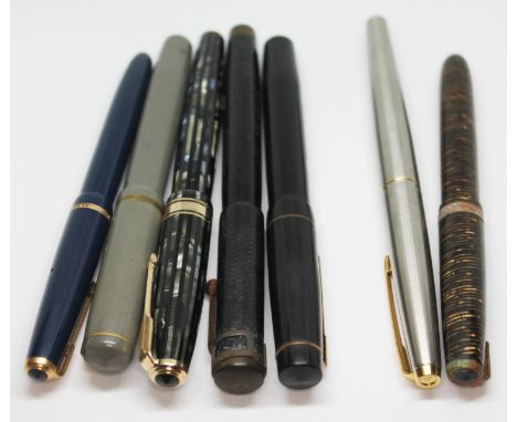 A group of seven vintage fountain pens including Parker, Swan, Croxley, Burnham etc. five with nibs marked 14ct or 14K.  