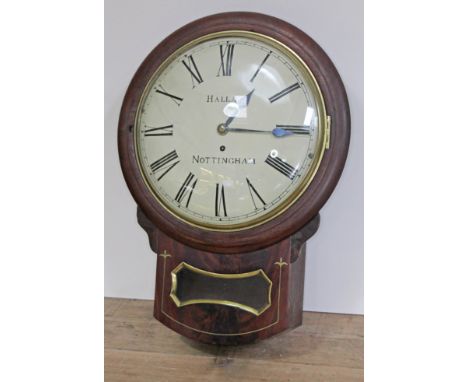 A 19th century brass inlaid mahogany drop dial wall clock, 12" convex dial with painted Roman numerals signed Hallam, Notting