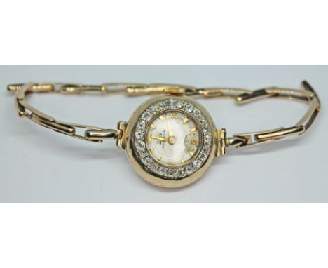 A vintage 9ct gold and diamond Leijona ladies wristwatch with 15 jewel AS cal.970 manual wind movement on 9ct flexi bracelet 