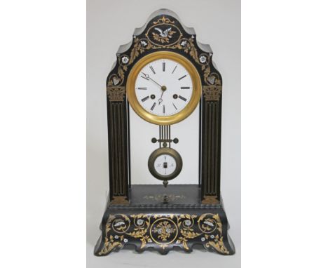 A French mother of pearl and brass inlaid ebonised portico clock, height 49.5cm.  