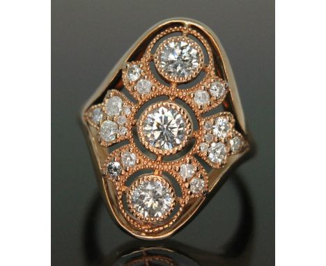 A diamond cluster ring, total approx. diamond wt. 1ct, marked '14K', gross wt. 3.4g, size K.  
