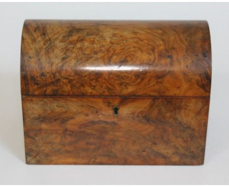 A Victorian domed burr walnut tea caddy, length 22.5cm.Condition:-No key.-Hinges ok.-General wear with age.-Small chip on one