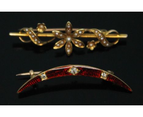 A split pearl set brooch marked 15ct and a diamond and enamel crescent shaped brooch unmarked, gross wt. 3.90g, lengths 41mm 