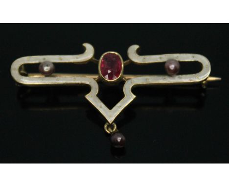 An enamel brooch set with a central oval cut ruby and three cultured pearls, marked 18, length 42mm, gross wt. 3.82g.  