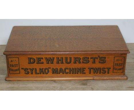 An early 20th century oak advertisement bobbin drawers painted DEWHURST'S "SYLKO" MACHINE TWIST to front and back, length 51c