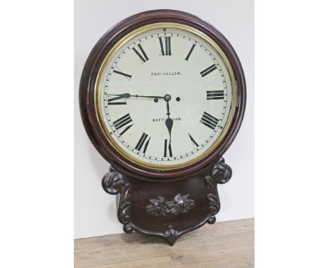 A 19th century rosewood drop dial wall clock, 14" dial with Roman numerals and signed Thomas Hallam, Nottingham, brass five p