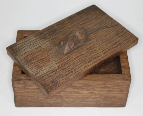 A Robert "Mouseman" Thompson of Kilburn adzed oak box with mouse signature to top, length 7".  Condition - general wear inclu