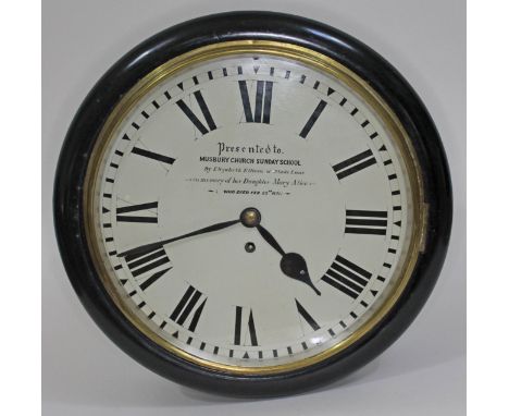 A 19th century ebonised mahogany cased wall clock, the 12" dial painted with Roman numerals and presentation inscription - 'P