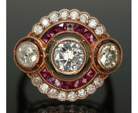 An Art Deco style diamond and ruby cluster ring, total approx. diamond wt. 1.02ct, band marked '14K', gross wt. 3.2g, size K.