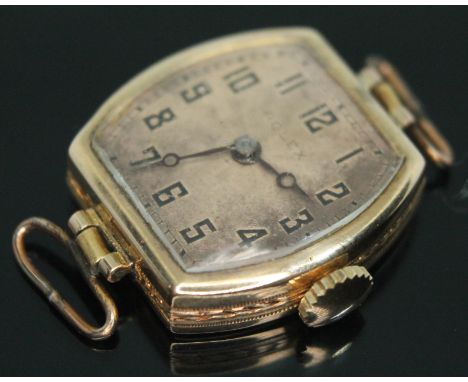 A 1920s Rolex Prima 9ct gold ladies wristwatch having signed guilloche dial with Arabic numerals and breguet hands in black, 