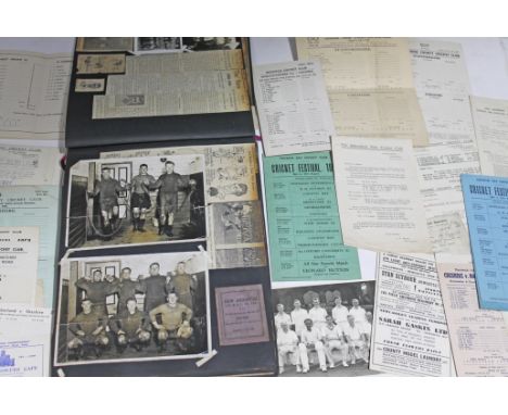 A quantity of cricket and football ephemera including s 25 page scrap book album comprising mainly newspaper clippings and ph