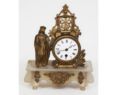 A French gilt spelter and alabaster mantel clock, height 29cm.Condition: large hole to rear of spelter case, small chip to le