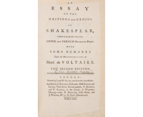 Theatre.- Bluestocking.- Montagu (Elizabeth) An Essay on the Genius of Shakespeare compared with the Greek and French Dramati